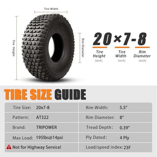 TRIPOWER 20x7-8 ATV Tires 20x7x8 All Terrain Sport Quad Tires Compatible with Honda TRX90 TRX125 Yamaha Breeze YFA125, 4 Ply Tubeless, Set of 2 - size: 20x7-8