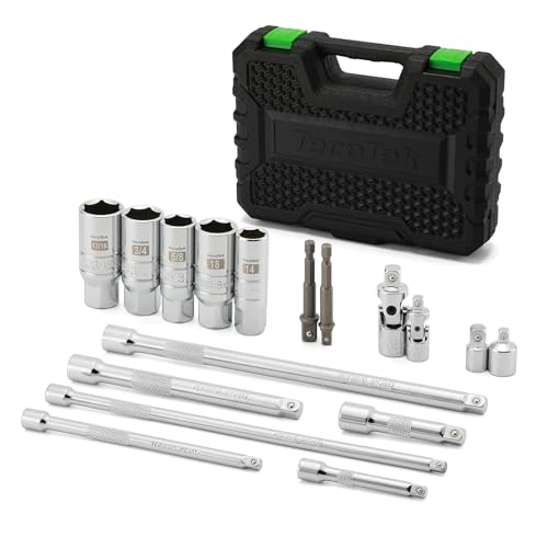 TecoTek 17-Pieces Drive Tool Accessory Set, Spark Plug Socket Set, Includes 1/4" & 3/8” Drive Extension Bar, Socket Adapter, Universal Joints, Spark Plug Sockets, Professional Socket Accessories, Cr-V - size: 17PCS Drive Tool Accessory Set
