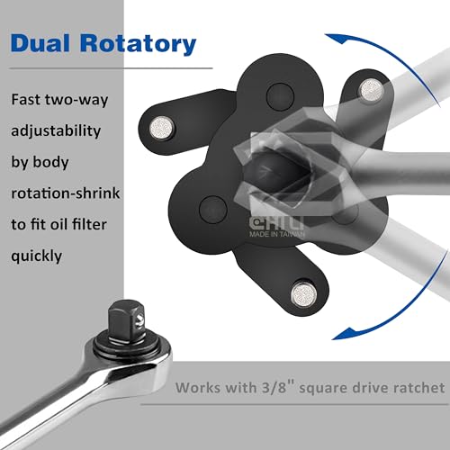 CHILI TOOLS Universal Adjustable No-Slip Magnetic Oil Filter Wrench with 3/8" Square Drive | Range From 2-1/4 to 4 inch Oil Filters Removal Tool | For Motorcycles, Cars & Trucks | Made in Taiwan