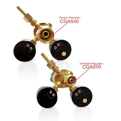 Dual Welding Gas Gauges, Oxygen (CGA-540) Acetylene (CGA-200) Regulators Combo (2 PCS), Full Brass Kit for Portable Tanks Compatible with Victor Torch Cutting