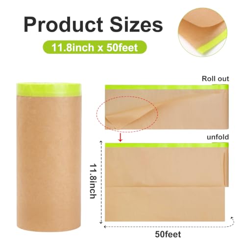 Pre-Taped Masking Paper for Painting - 12" x 50FT (30cm x 15m) Tape and Drape Painters Paper Roll, Waterproof Kraft Paper with Adhesive Tape for Automotive, Furniture, Walls, Windows & Door Frames