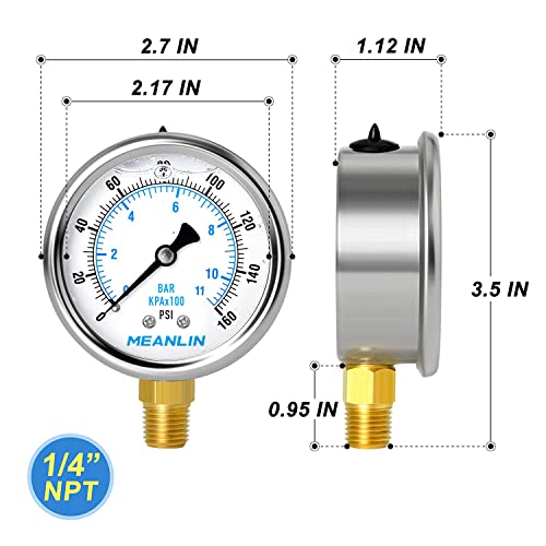 MEANLIN MEASURE 0~160Psi Stainless Steel 1/4" NPT 2.5" FACE DIAL Liquid Filled Pressure Gauge WOG Water Oil Air Lower Mount (Pack of 2), with 1/2" NPT and 3/8" NPT Hex Bushing - size: 0-160Psi (2Pcs)