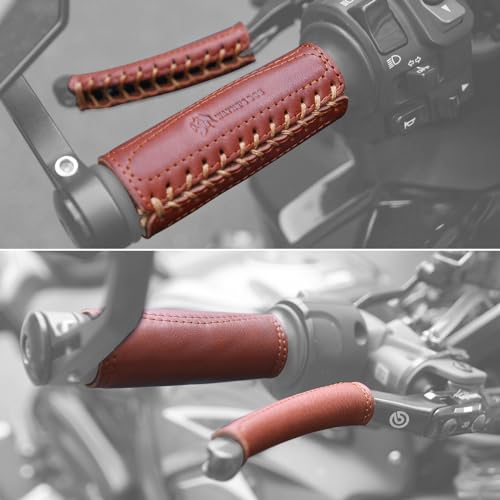 Leather Motorcycle Brake Clutch Covers, Handlebar Hand Grip Covers Throttle Grip Covers - color: Brown: Handlebar + Lever Cover