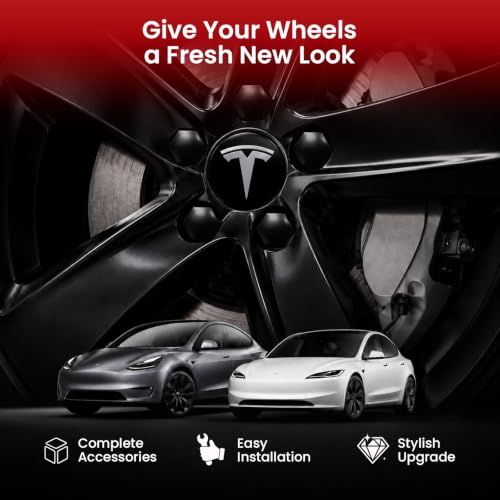 Wheel Center Cap Kit for Tesla with 20 Lug Nut Covers, 2.2in Hubcaps with Emblem for Model 3/Model Y, with Puller and Suction Cup for OEM-Style Wheel Decoration