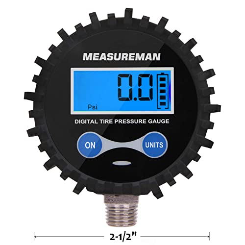 MEASUREMAN 2-1/2" Dial Size Digital Air Pressure Gauge with 1/4'' NPT Bottom Connector and Protective Boot, 0-200psi, Accuracy 1%, Battery Powered with LED Light - size: Short thread, style: 0-200psi