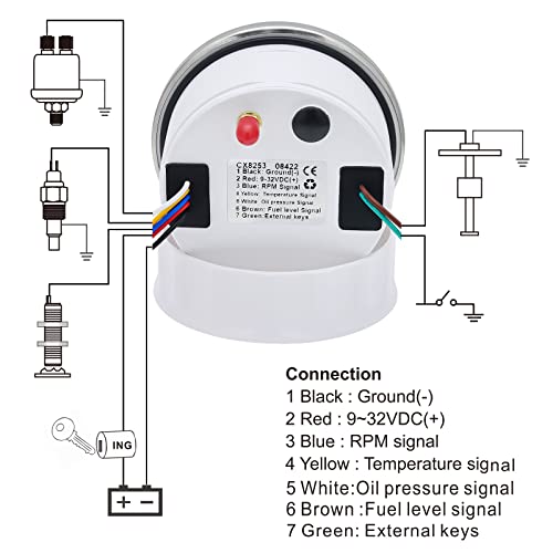 6-in-1 GPS Speedometer 3-3/8" 85mm MAIMEIMI Multi-Functional Adjustable Tachometer Voltmeter Fuel Level Water Temp Oil Pressure with Alarm for Car Boat Marine 9-32V White - color: White