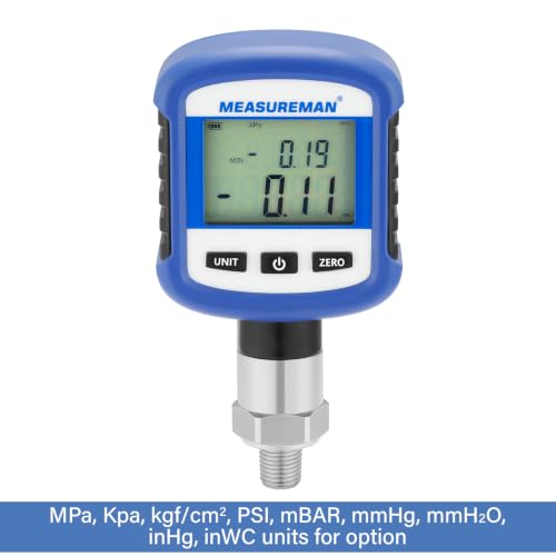 MEASUREMAN Digital Industrial Pressure Gauge 0-1000psi, 0.2% FS, 1/4''NPT Lower, Stainless Steel Connection, Battery Powered, with Bluetooth and LCD Light - size: 0-1000psi