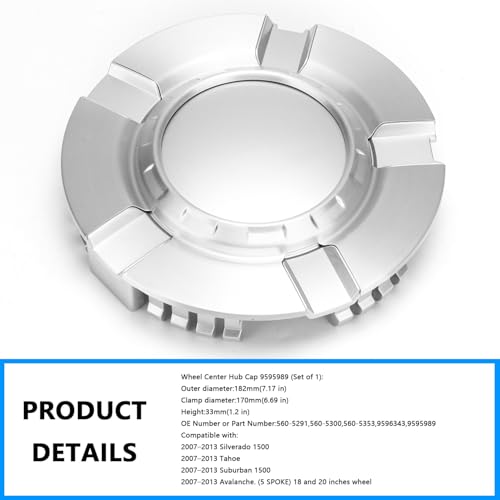 Wheel Center Hub Cap 9595989 (Set of 4),Center Cover Hubcap Fit 18 and 20 inches Wheel Compatible with Chevy Silverado Suburban 1500 Tahoe Avalanche (2007-2013) for # 560-5291 9596343 - color: Set of 4, size: 9595989