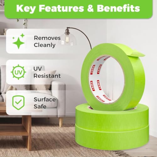 SWRT Green Painters Tape 1.5 Inch x 55 Yards, 4 Rolls, Clean Removal