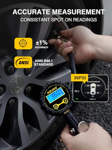 AZUNO Digital Tire Inflator with Pressure Gauge, 200 PSI, Heavy Duty Air Compressor Accessories, with Rubber Hose Lock on Air Chuck and Quick Connect Coupler, Comes with a Portable Carrying Box - size: Standard with Case