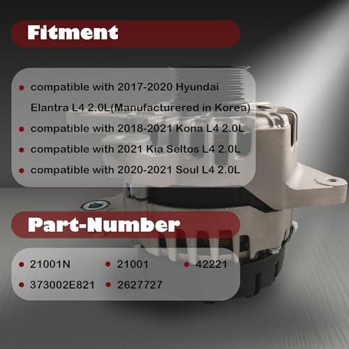 2627727 Alternator Compatible with 17-20 Hyundai Elantra 18-21 Kona - color: 2017-2020 Hyundai Elantra