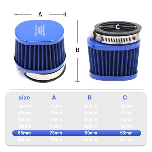 2PCS Motorcycle Air Filter Universal 55MM Replacement Engine Filter High Performance Air Filters Fit Motocross Carburetor Cleaner for Pit Bike Scooter Moped ATV (Blue 55MM) - color: blue, size: 2PCS(55MM)
