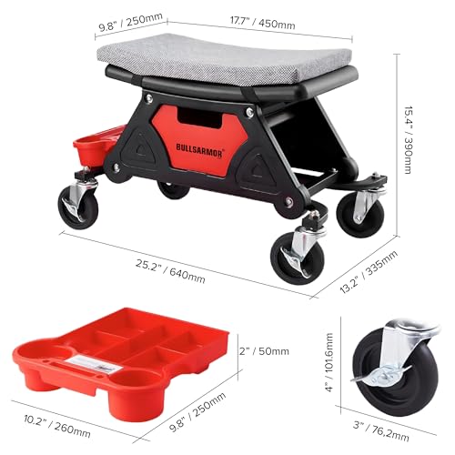 BullsArmor Rolling Mechanic Seat 300 LBS Capacity Creeper Stool with 4” Wheels Locks Heavy Duty Garage Chair with 3 Slide Out Tool Trays Drawer, Auto Repair Detailing Car Wrap Motorcycle Workshop DIY
