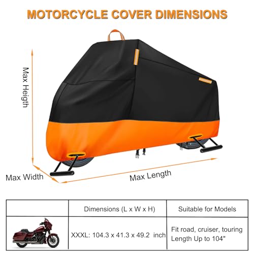 Motorcycle Cover Waterproof Outdoor, 300D Heavy Duty Motorcycle Cover for Harley Davidson Sportster 1200 883 Fat Boy 114 Street Bob, All Seasons Protection Scooter Cover Fits up to 96" - size: XXXL (Fits up to 104")
