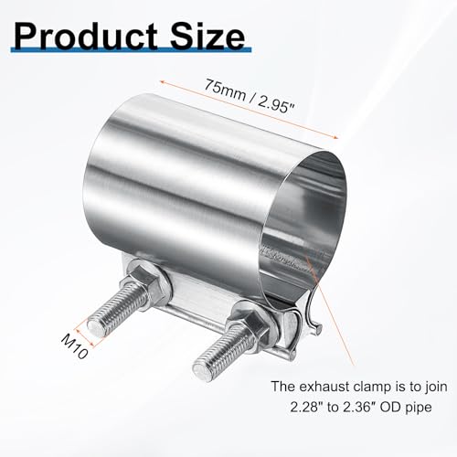 HARFINGTON Exhaust Clamp 2.36" Stainless Steel Lap Joint Band Clamp Exhaust Pipes Connection with M10x55.5 Screws for Car Muffler Elbow Pipes - size: 2.36 inch