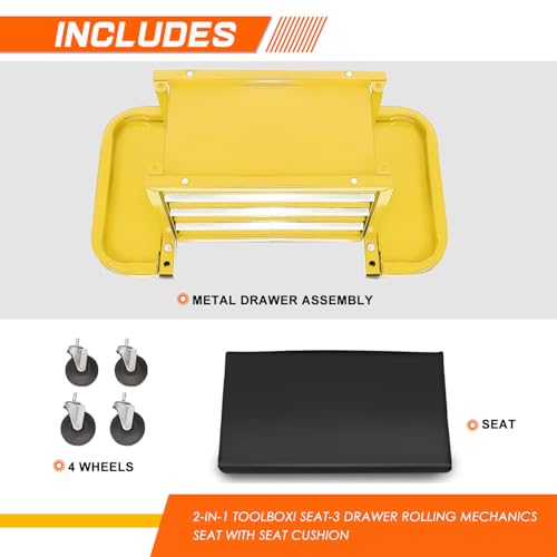 PM PERFORMOTOR 3-Drawer Tool Chest Rolling Mechanic Seat with Tool Trays,350lbs Max Weight Capacity, Yellow,PM-TOL-RST1-YL - color: Yellow