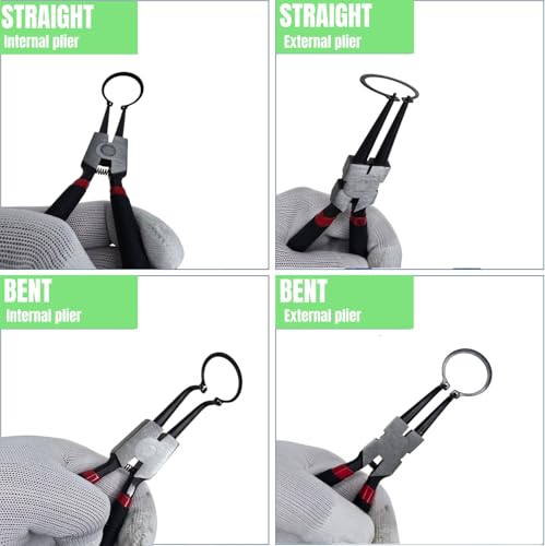 4-Piece Snap Ring Pliers Set, 7" Internal External Circlip Pliers, Straight & 90 Degree, 45# Steel 5/64" Tips for Bearing Transmission Motorcycle Automotive Retaining Ring Removal