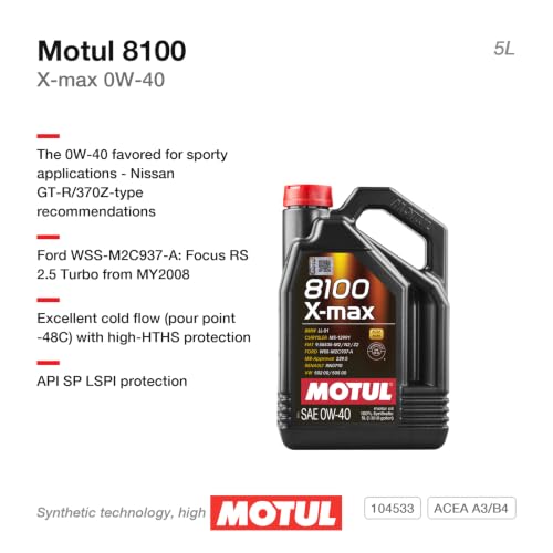 Motul 104533 8100 X-Max 0W40 Synthetic Engine Oil - 5 Liter - size: 5L