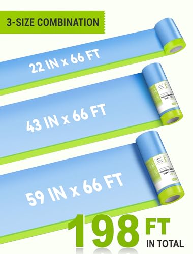 SARDVISA 3 Rolls Pre-Taped Masking Film for Painting, 59/43/22 in * 66 FT - size: 3 Rolls