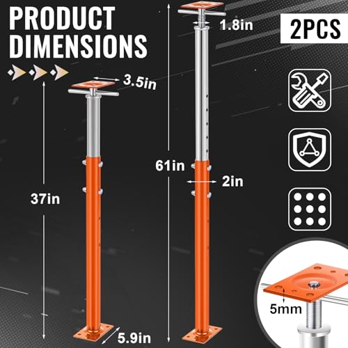 Yaocom 2 Pcs Adjustable Jack Post, 37"-61" Height Range, Basement Floor House Screw Jacks for Lifting Joist Beam Brace for Cellar Ceiling, Center Point Load Capacity 11023 Lbs, Orange - color: Orange, size: 37"-61"