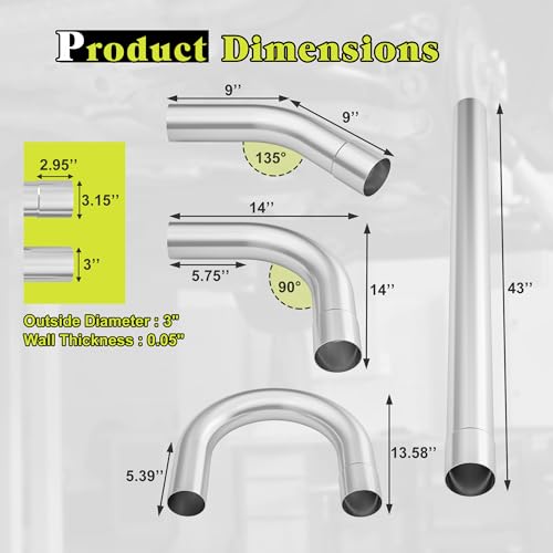 Exhaust Pipe Kit Mild Steel DIY Custom Exhaust Kit Tubing Mandrel Bend Pipe Straight & U-Bend 16 Gauge Universal (3 inch-16 pcs) - size: 3 inch-16 pcs