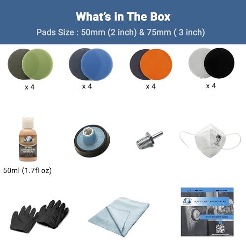 GLASS POLISH DIY Glass Scratch Removal Deluxe Kit 2" & 3" - Effective Glass Polishing with Drill or Polisher, Repairs Deep Scratches, Removes Surface Damage and Restores Original Clarity & Shine - size: 2 & 3 inch (12 Abrasives)