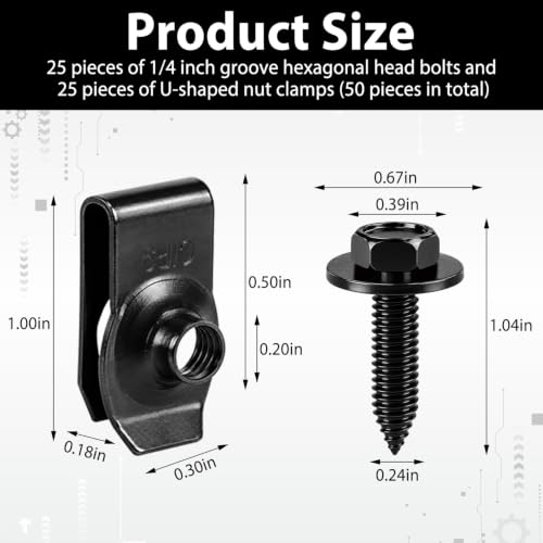 50PCS 1/4 Body Bolts and U-Nut Clips, Automotive U Clips and Screws Kit - color: Black 1/4