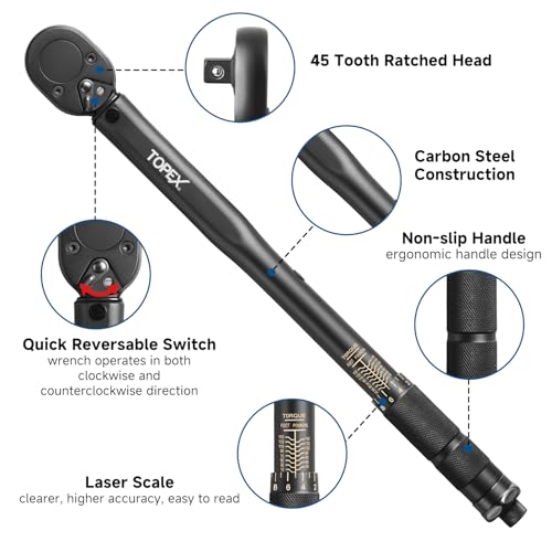 TOPEX 1/2" Drive Click Torque Wrench, 13.6-203.4 Nm / 10-150 ft-lb