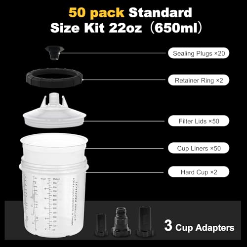 Disposable Paint Cups for Spray Gun 22-Ounce (650ml) Kit, 50 Paint Mixng Cups and Lids, 2 Hard Paint Cup with Retainer Ring and 20 Plugs, 3 Adapters, Stirrer, Automotive Spray Gun Accessories - size: 50pcs 650ml