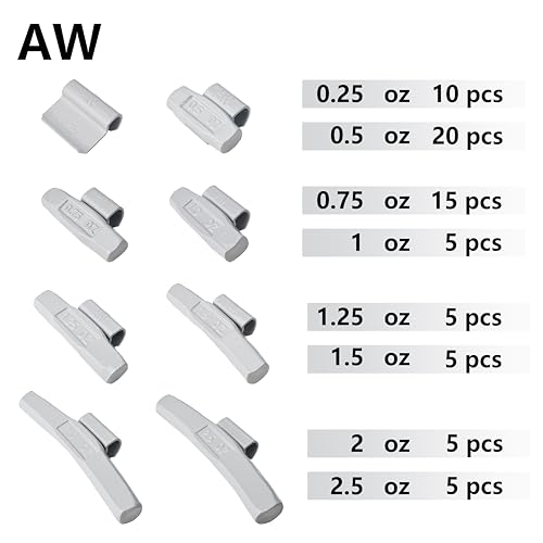 AW-M70 Wheel Weight Kit AW Style Grey 70pcs/kit: 1/4oz 10pcs, 1/2oz 20pcs, 3/4oz 15pcs, 1oz 5pcs, 1 1/4oz 5pcs, 1 1/2oz 5pcs, 2oz 5pcs and 2 1/2oz 5pcs - size: AW-M70