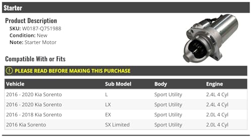 Starter Motor - Compatible with 2016-2020 Kia Sorento Sport Utility