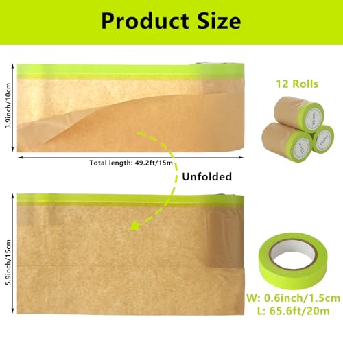 12 Rolls 5.9 inch x 49.2 ft Pre-Taped Masking Paper, Tape and Drape Painters Paper, Paint Masking Paper for Painting Cars and Auto Body, Floor Protection, Wall Covering