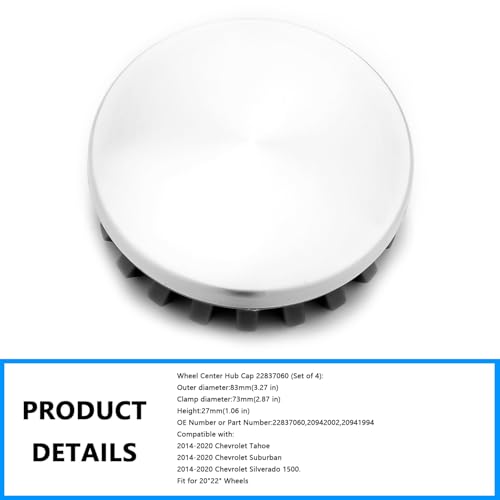 Wheel Center Hub Cap 22837060 (Set of 4),Center Cover Hubcap 3.25" Compatible with Chevy Tahoe Suburban Silverado 1500 (2014-2020) for # 20942002 - color: Set of 4, size: 22837060