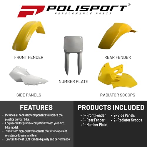 Polisport Motocross (MX) 스즈키 RM 125/250 (2001-08) 더트 바이크용 레플리카 플라스틱 키트 - OEM 품질, 내구성, 유연성 및 완벽한 핏 - 옐로우/화이트