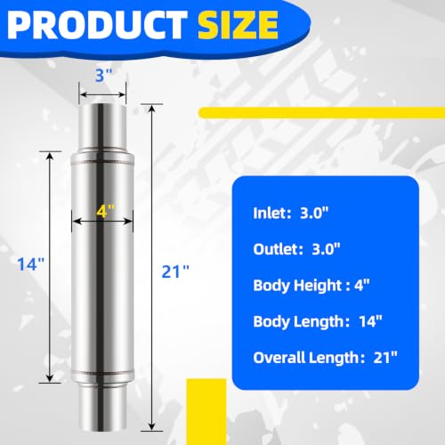 3 inch Universal Mufflers Single Chamber, 3.00” Center In / 3.00” Center Out, 21" Overall Length Straight-Through Mild Steel Performance Muffler, Suitable for Cars and Trucks(3''Inlet/Outlet) - color: Center In / Center Out, size: 3''