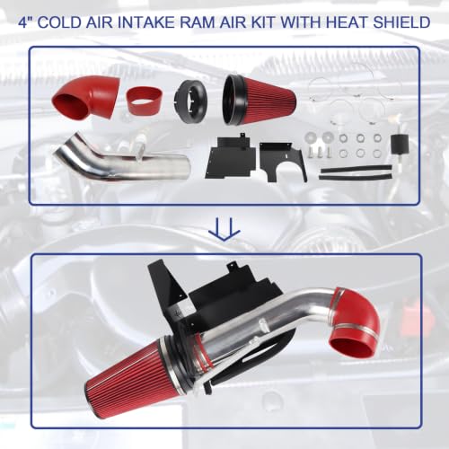 4" Cold Air Intake Kit with Heat Shield Replacement For Silverado 1500/2500/3500 1999-2006 for GMC/Chevy Sierra V8 4.8L/5.3L/6.0L 1999 2000 2001 2002 2003 2004 2005 2006 (Silver & Red) - color: Silver & Red