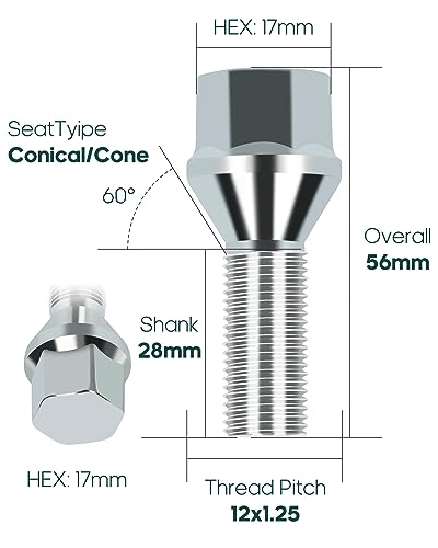 SCITOO M12x1.25 Lug Nuts Set Silver 28mm Shank Length Wheel Lug Bolts,20Pcs - color: Silver