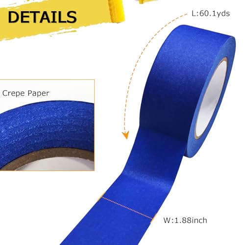 Professional Painters Tapes 2 Inch Wide (1.88 In x 60.1 Yds x 6 Rolls =360.6 Yds ), Blue Masking Tape, Paint Paper Tape, Protects Surfaces, No Residue, Painter's Tape for Wall Painting, Canvas Edging - size: 6 Rolls, 1.88IN X 60.1YD