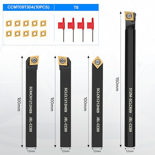 Indexable Lathe Turning Tool 1/2" 12mm Shank 14PCS Kit, 4PCS Metal Lathe Tools Holder 10PCS CCMT09T304 Carbide Insert for Turning Boring Grooving, SCMCN1212H09/SCLCL1212H09/SCLCR1212H09/S12M-SCLCR09 - style: 4pcs 1/2'' 12mm 09Shanks+10pcs Inserts