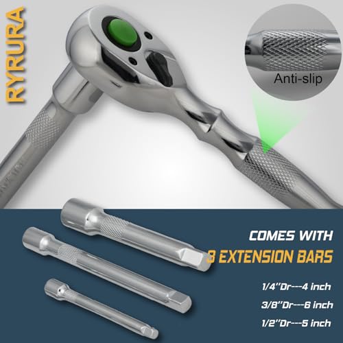 6-Piece Ratchet Set,1/4",3/8",1/2" Drive,Reversible Ratchet Wrench with Extension Bar,90-Tooth,Quick-Release,Chrome Alloy Made,Mens Stocking Stuffers Gifts for Men Gifts for Women - size: 1/4-inch+3/8-inch+1/2-inch Set, style: Combination-metal handle