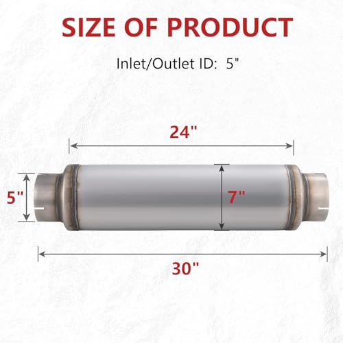 LCGP 5" Inlet Diesel Exhaust Muffler, 5'' Inlet & Outlet, 7" x 24" Body 30" Whole Length Universal Resonator, Straight Through Design, Stainless Steel Mufflers Resonator - color: 1 PC, size: 5" Inlet 30" Overall Length(7" wide)
