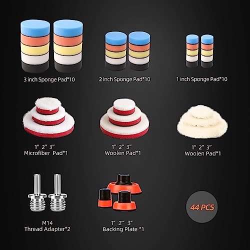 Car Foam Drill Polishing Pad Kit, 44Pcs 1inch 2inch 3inch Detail Polishing Buffing Pad Mix Size Car Detailing Kit with 5/8-11 Thread Backing pad & Adapters for Buffer Polisher Polishing, Buffing