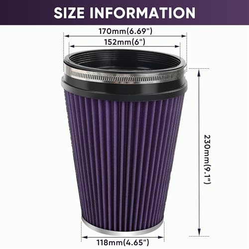 6" 152mm Cold Air Intake Filter Clamp-On Cone Filter Purple - color: Purple, size: 9 inches Tall