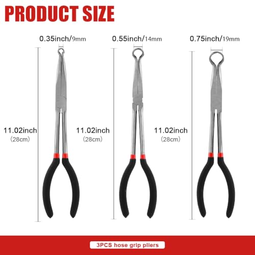 3PCS 11" Long Hose Grip Pliers, 5/16 Inch, 1/2 Inch, 3/4 Inch Ring Nose Hose Gripper Pliers Kit, O-shape Tip Serrated Jaws, Offset Spark Plug Boot Removal Pliers for Narrow Space