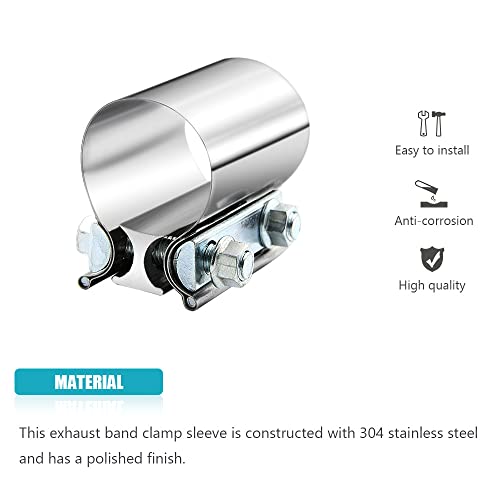 2" 2.0 Inch Exhaust Clamp Butt Joint Band Clamp Sleeve Coupler Stainless Steel 2.0 Inch for Exhaust Pipes, Mufflers and Catalytic Converters (2 PCS) - size: 2.0"