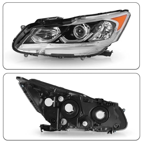 Left Projector Headlight Assembly w/LED DRL Fit for 2016 2017 Honda Accord EX/EX-L/Sport,Halogen Headlamp OE Style Chrome Housing Amber Reflector Replacement Left Driver Side 33150-T2A-A81 - size: Driver Side