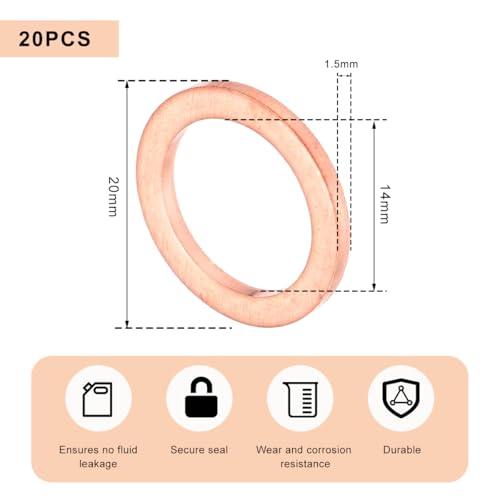 20 PCS Oil Drain Plug Gasket, 14mm Copper Crush Washer Coolant Seal Ring Replacement, Automotive Sealing Gaskets Compatible with OEM PN Part 007603-014106, Car Accessories - color: 20PCS