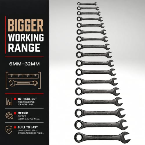 ABN Combination Wrench Set – 16 Pc Raised Panel Metric Wrench Set with Wrench Roll Up Pouch, Black Spanner Wrench Set - size: Metric