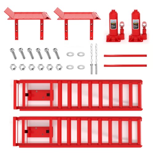 Heavy Duty Hydraulic Car Ramp 2 PCS, 11050LBS 5T Car Ramps with Hydraulic Jack, Steel Car Ramps for Oil Changes High Lift 9"-14.6" Red - color: Red-45.5l*13w*14.6h