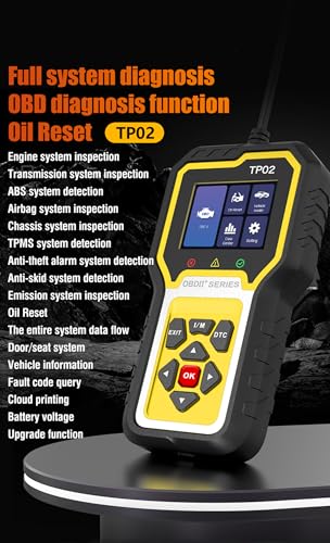 TP02 6 in 1 OBD2 스캐너, BMW 벤츠 아우디 혼다 토요타 및 닛산 코드 리더기, 엔진, 오일 리셋, 변속기, ABS, SRS, 바디, 섀시, 스피커 시스템 등을 위한 멀티 시스템 진단 - color: 옐로우